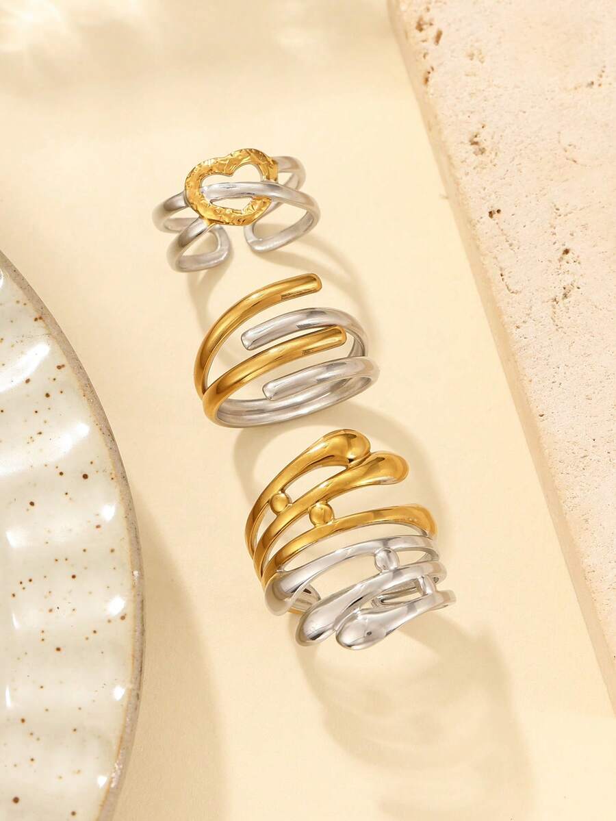 3pcs Stainless Steel Gold And Silver Heart-Shaped Ring Set, Multi-Layer Open Rings With Gold And Silver Contrast, Different Lengths, Suitable For Women's Daily Decoration Or Gift, Adjustable Ring Size - Gold and Silver - View 1