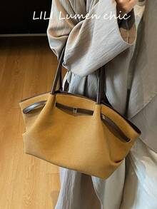 Minimalist Elegant Tote Bag, Soft Pleated Body With Extended Handle Strap, Contrast Trim Accents, Metal Square Buckle Detail On Front, Open Top Design For Easy Access, Spacious Interior Storage, Clean And Generous Silhouette, Suitable For Daily Commute And Outings, Easily Matches Various Outfits - Brown - View 6