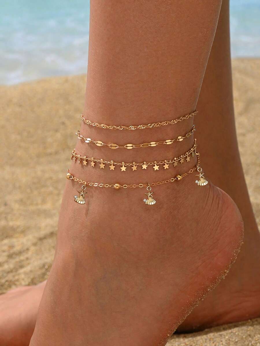 4pcs/Set Classic All-Match Multi-Layer Gold Anklet Set, Fashionable Versatile Star Tassel Rhinestone Cross Star Decor Women's Foot Jewelry, Suitable For Daily Wear And Vacation Party, Chain Cut By Length, Number Of Sections Not Fixed - Gold - View 1