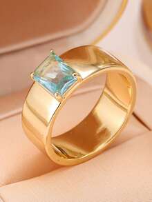 1 Buah Cincin Wanita Warna Emas Pita Lebar Persegi dengan Batu Zirkonia Kubik Biru Muda, Perhiasan Jari Minimalis Tebal Warna Tembaga, Hadiah Perhiasan Jari - cincin geometris - View 4