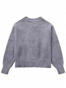 Women's Autumn/Winter Casual Grey Ribbed Zip-Up Thickened College Style Short Knit Cardigan, Round Neck Loose Long Sleeve Short Halloween Sweater Jacket - Grey - View 12