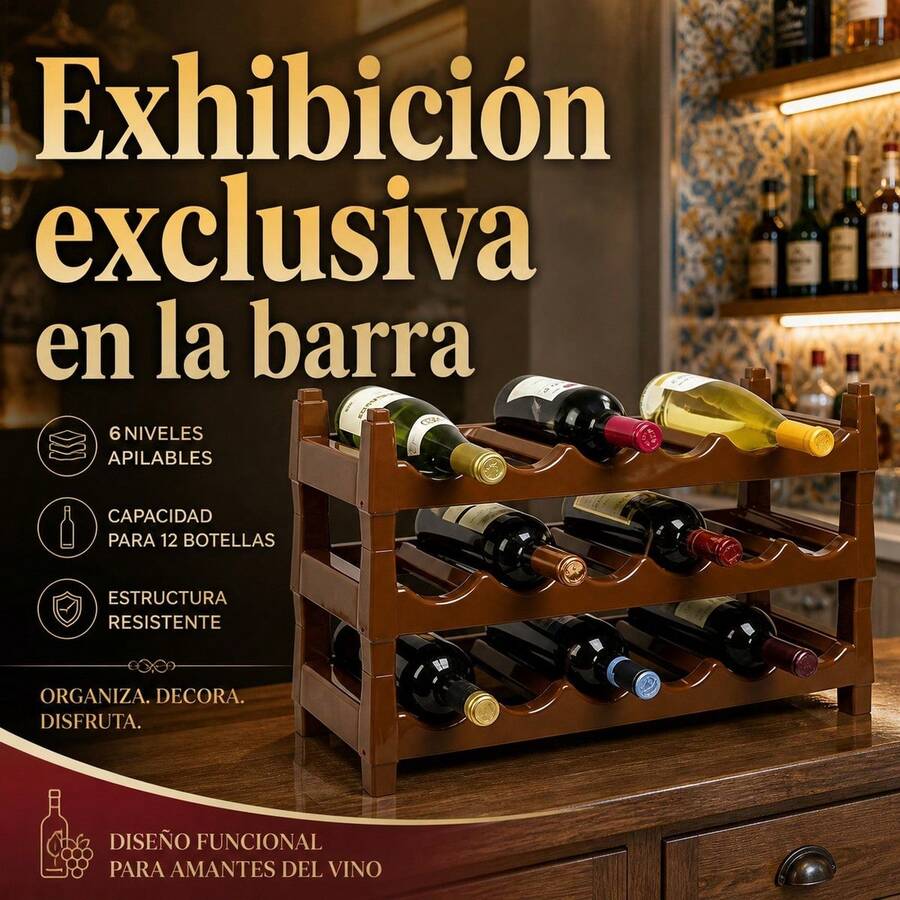 Stackable Brown PP Plastic Wine Rack, Modular Bottle Storage Organizer For Kitchen And Pantry, 43x23x13cm - Reddish Brown - View 1