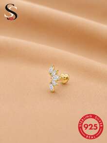 SereneSpark 1件S925纯银皇冠立方氧化锆平头耳钉，精致女士饰品 - 金黃色 - 查看 1