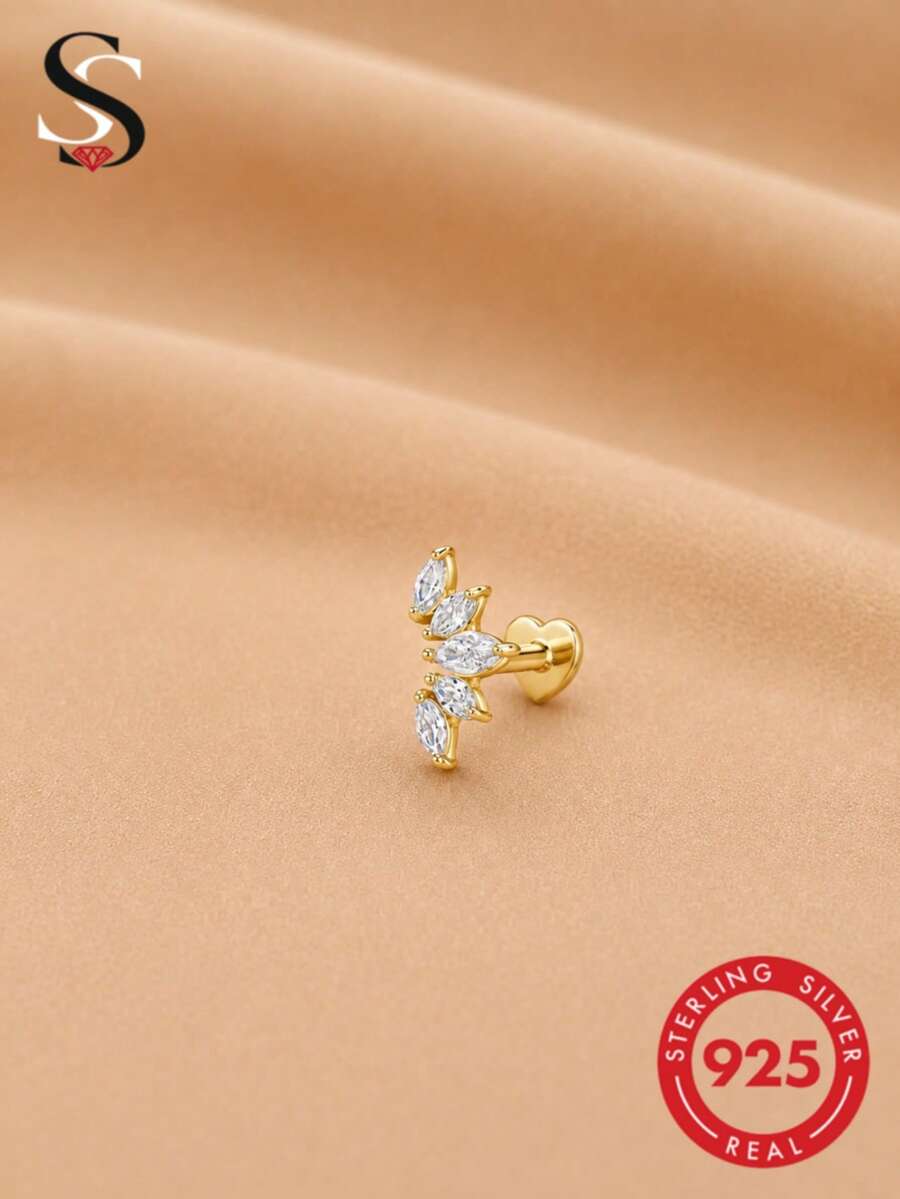 SereneSpark 1件S925纯银皇冠立方氧化锆平头耳钉,精致女士饰品 - 金黃色 - 查看 1
