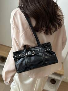 Fashion Solid Color PU Shoulder Bag, Strap Decor, Suitable For Women Shopping, Dating, Gift And Daily Use - Black - View 5