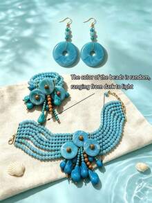 Women's Bohemian Turquoise Beaded Exaggerated Jewelry Set, Tassel Water Drop Choker Necklace, Pendant Earrings, Wide Cuff Bracelet, Beach Vacation Outfit Accessories - Multicolor - View 11