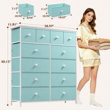 EnHomee Dresser For Bedroom With 12 Fabric Drawers, Tall Dresser With Wooden Top & Metal Frame, Bedroom Dresser, Dressers & Chests Of Drawers, Room Decor, Home Deco, Festival Decor,Cadet Blue - 青檸色 - 查看 8