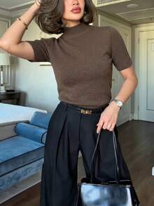 Women's Short Sleeve High Neck Sweater Autumn Regular Fit High Elasticity Top - Khaki - View 3