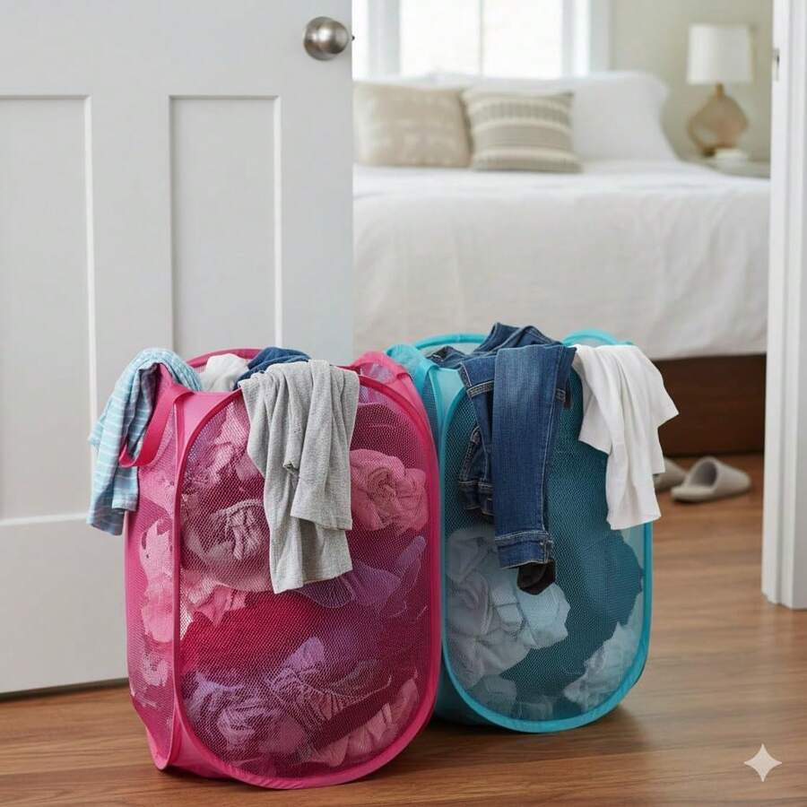Foldable Mesh Laundry Basket, Multiple Colors Available, With Handle, Large Capacity Design, Breathable Collapsible Dirty Clothes Hamper, Space Saving Storage Bin For Home, Bathroom, Bedroom, Dorm, Laundry Room Clothing Organization