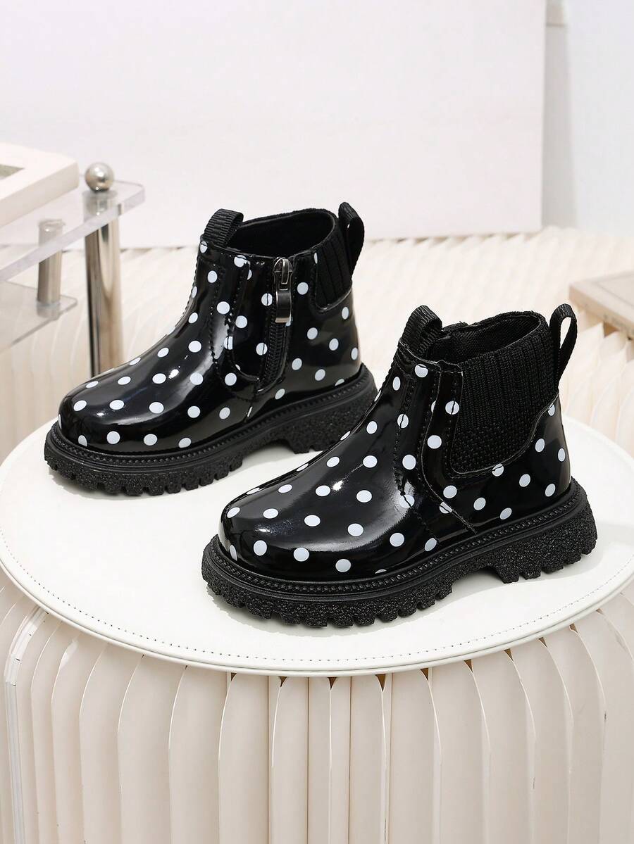 1 Pair New Shiny Polka Dot Fashion Kids Boots, All Season Girls British Style Chelsea Daily Versatile Classic Ankle Boots - Black - View 1