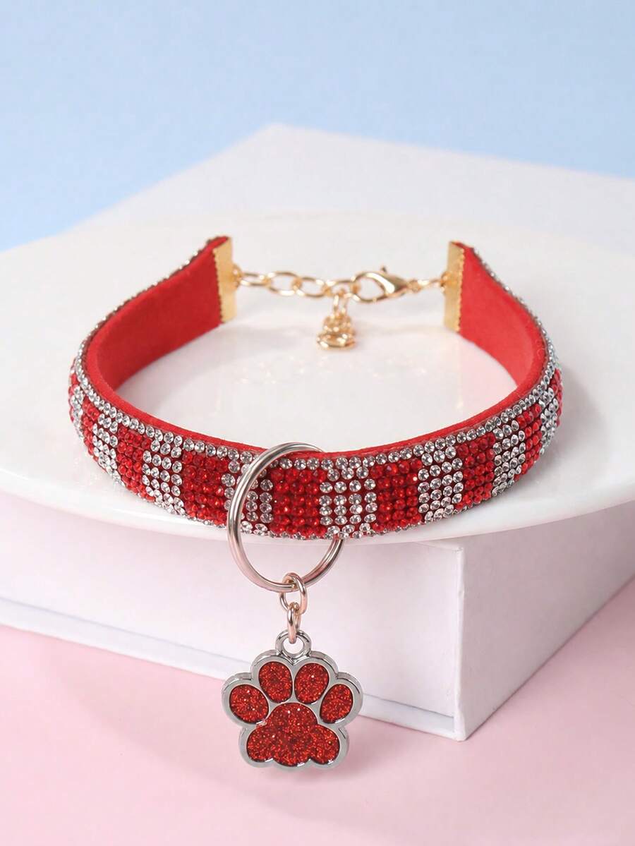 1pc Fashionable Elegant Pet Paw Print Pendant Rhinestone Necklace, Suitable For Pet Cats And Dogs For Indoor And Outdoor Use, Pet Accessory (Not Suitable For Large Dogs) - Red - View 1