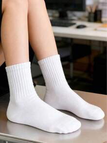 1/3/5/6/10/15/20 Pairs Solid Color Women's Casual Mid-Calf Socks, Unisex, Women's Socks, Gift For Boyfriend - White - View 2