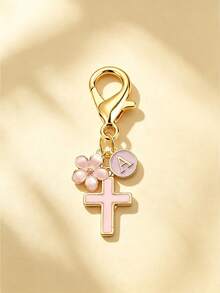 1pc New 26 English Letter Optional Enamel Drip Oil Cross & Cherry Blossom Pendant, Gold Lobster Clasp Detachable Bag Charm, Girls' Portable Key Decoration Small Gift - Pink - View 18
