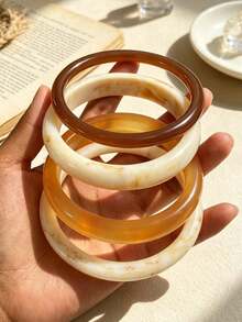 4pcs Vintage Minimalist Casual Women's Round Plain Acrylic Bracelets, Multicolor Coffee Color, Suitable For Daily Wear And Summer Beach Vacation, Stackable, Perfect Gift For Holidays - Multicolor - View 6