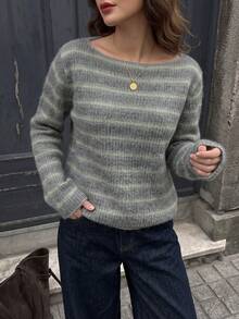 Women's Summer Grey Green Striped Knit Top, Boat Neck Drop Shoulder Ribbed Cropped Long Sleeve Casual Sweater - Multicolor - View 6