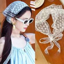 1 Peça Lenço Triangular de Renda Francesa Elegante - Acessório de Cabelo Branco Doce, Proteção Solar de Verão Vintage, Acessório de Cabeça Feminino |Lenço de Renda Vintage|Faixa de Cabeça - Branco - Visão 7