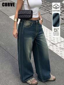 Plus Size Retro Casual Loose Straight Leg Denim Maxi Pants, Fashion & Versatile Spring Vacation Fall - Dark Wash - View 1
