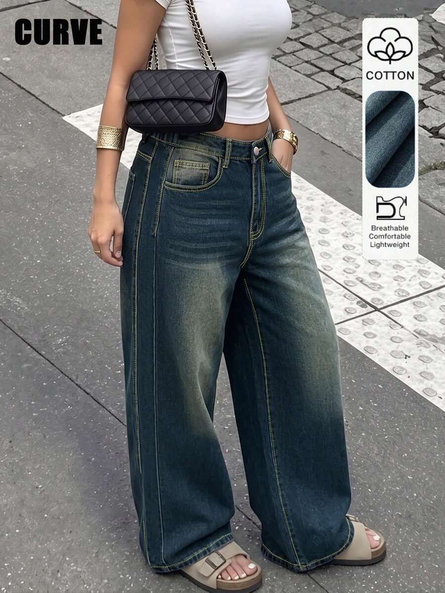Plus Size Retro Casual Loose Straight Leg Denim Maxi Pants, Fashion & Versatile Spring Vacation Fall - Dark Wash - View 1