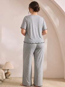 Plus Size Women's Casual V-Neck Lace Patchwork Bow Pajama Set, Frill Trim Loungewear, Comfortable And Breathable - Light Grey - View 4