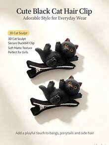 Halloween Playful Black Cat Cute Kitten Hair Clip, Cat Pattern Hair Clip, Suitable For Casual, Daily Styling, Party, Birthday, Gift, Travel And Other Occasions, Perfect For Daily Outings - Multicolor - View 2