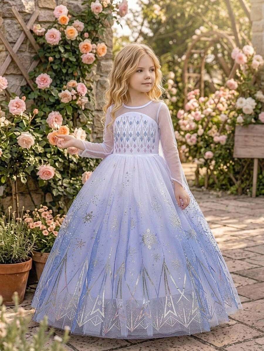 Young Girls Long Sleeve Snowflake Print Mesh Elegant Princess Dress Suitable For Prom, No Headband, Random Mesh Stitching Position On Back - Purple - View 1