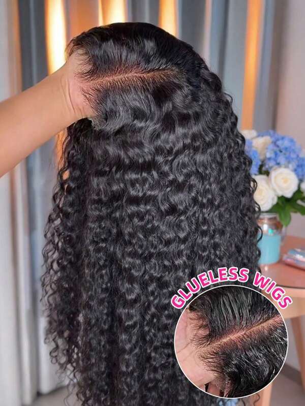 Kleberfreie Perücken aus Echthaar, vor-geplückt, vor-geschnitten, mit Locken- und Tiefwellen-Frontlace, Wet and Wave Echthaarperücken für Damen, 200 % Dichte, Naturfarbe.