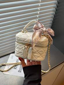 Dedoo 女款迷你絎縫方盒手提包，人造皮革配圍巾裝飾鏈條肩帶，甜美優雅手柄斜挎包，適合日常、約會、派對 - 白色 - 查看 7