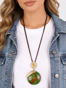 1pc Bohemian Exotic Style Geometric Metal Buckle Round Resin Stone Pendant Necklace, Adjustable Long Braided Rope Choker Neck Accessory, Halloween Party Gift, Vacation Vibe Accessory, Daily Date Outfit, Gift For Girlfriend/Boyfriend - Wax Rope - View 8