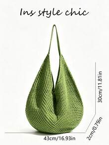 Solid Color Mesh Hollow Crochet Shoulder Bag, Breathable Mesh Surface, Water Drop 3D Design, Open Top Closure, Suitable For School, Travel, Vacation, Commute, Shopping, Miscellaneous Storage - Green - View 2