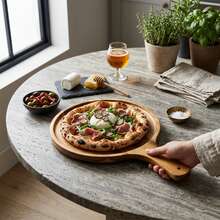 Tábua de Pizza de Madeira, Tábua de Queijo, Bandeja, Prato de Pizza de Alta Qualidade com Alça, Tábua de Corte de Pizza de Madeira Natural, Adequada para Pizza Caseira, Corte de Frutas e Vegetais, Pão, Queijo, Utensílios de Cozinha, Acessórios de Cozinha, Adequada para Natal, Halloween, Páscoa - Visão 4