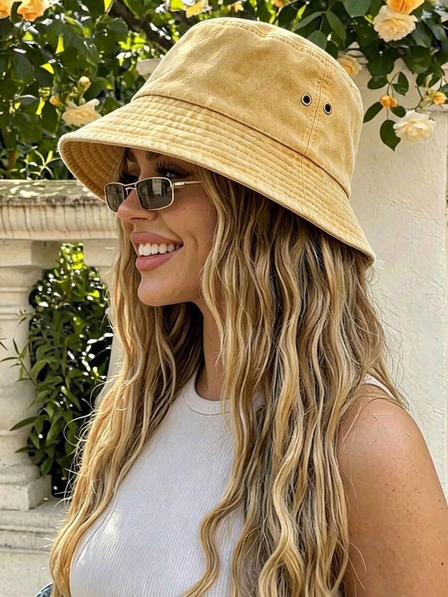 1pc Solid Color Tassel Bucket Hat, UV Protection Sun Hat, Suitable For Beach Vacation, Travel And Daily Streetwear - Turmeric - View 1