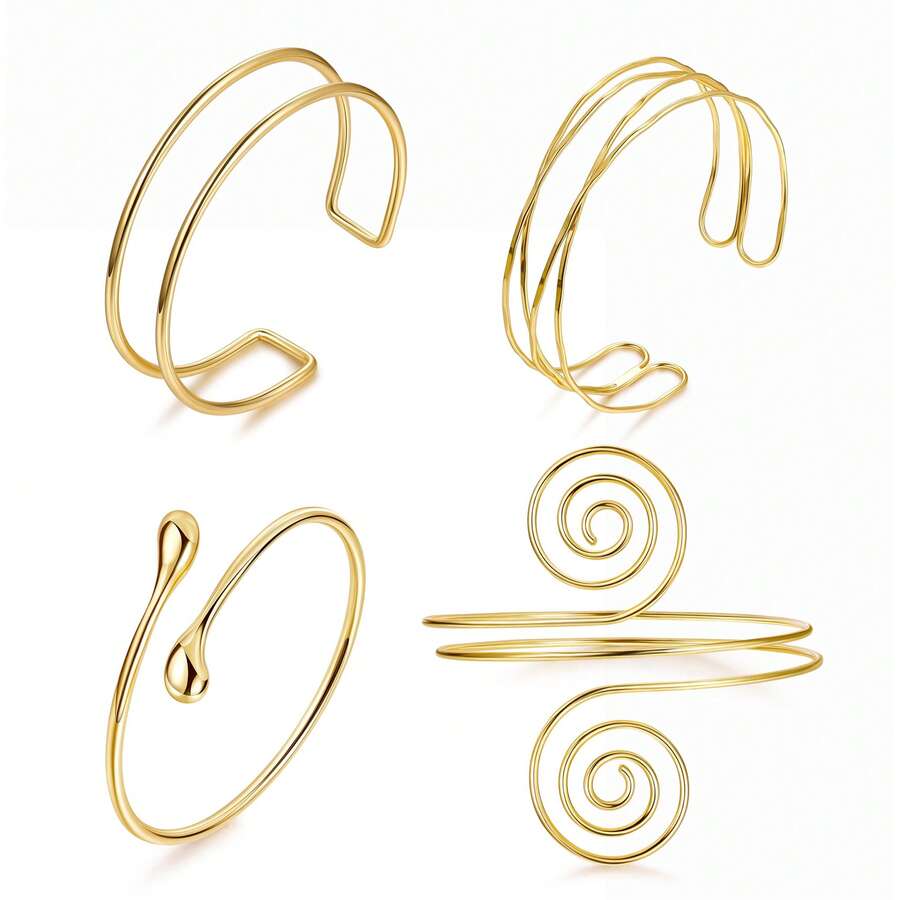 4PCS Upper Arm Cuff Bracelets For Women Gold Silver Cuff Bangle Bracelet Adjustable Upper Arm Bands Armband Set Simple Open Armlet - Bracelet Set - View 1