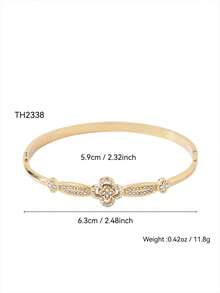 TONSI 1pc Fashionable Luxury Minimalist 18K Gold Plated Stainless Steel Cubic Zirconia Inlaid Four-Leaf Clover, Lucky Flower, Three-Leaf Clover Bracelet, Suitable For Women's Daily, Commute, Party Wear, Gift For Lover, Friend, Mom - Gold - View 6
