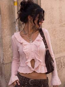 Women's Open Front Cardigan, Deep V-Neck, Single-Breasted Button Closure, Long Sleeve, Ruffle Trim, Romantic Sweet Girl Style, Short Fitted Knit Top, Spring Autumn Winter - Pink - View 6