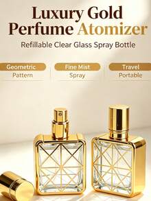 20ml Luxury Gold Plated Perfume Atomizer Bottle, Square Geometric Pattern Empty Refillable Perfume Spray Bottle, Clear Glass Travel Perfume Dispenser, Portable Cosmetic Sample Container For Travel Daily Use - Multicolor - View 9