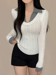 Áo len nam tay dài phong cách thường ngày 2 trong 1 cổ polo - trắng - Xem 2