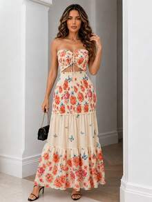 ChicMe Tropical Plant Print Maxi Tube Dress For Women, Waist Cinched Fishtail Ruffle Hem Elegant Summer Vacation Party Dress - Apricot - View 7