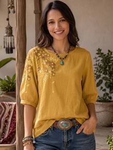 Women's Spring Summer Autumn Vintage Elegant Casual Minimalist Boho Embroidered Blouse, And Outings Yellow Vacation - Yellow - View 1
