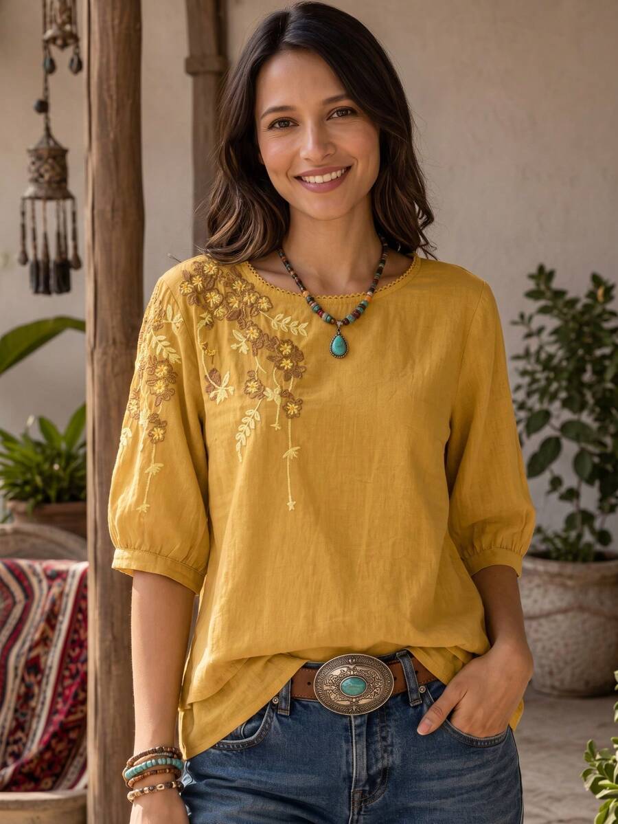 Women's Spring Summer Autumn Vintage Elegant Casual Minimalist Boho Embroidered Blouse, And Outings Yellow Vacation - Yellow - View 1