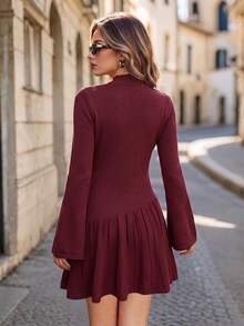 Women's Ribbed Knit Fitted Dress, Long Bell Sleeves, Slightly Elastic, Short Bell Hem, Suitable For Autumn/Winter Fall - Burgundy - View 4