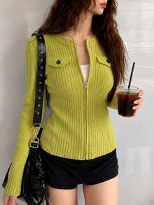 Sweater Rajut Cardigan Minimalis Kasual Wanita Musim Gugur/Dingin, Ramping, dengan Tekstur Vertikal dan Resleting. - hijau kekuningan - View 3