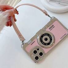 1件 3D 相機荔枝紋理手機殼附手提繩，防摔保護殼，時尚款，不同機型孔位不同，以收到實物為準 - 粉色 - 查看 4