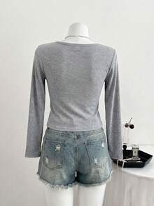 Tween Girls Y2K Sailor Collar Ribbed Long Sleeve Top, Cute Bow Detail Slim Fit Casual Shirt - Light Grey - View 3