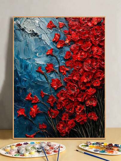 Kit Lukisan Berdasarkan Angka (Akrilik) Bunga Poppy Merah Cerah DIY di Latar Belakang Biru Tua (Tanpa Bingkai 8x12 / 16x20 Inci) Seni & Kerajinan untuk Pemula Dewasa, Dekorasi Dinding Rumah, dan Hadiah Liburan Unik
