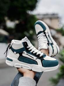 Men's Retro Fashion Colorblock Patchwork Double Lace-Up Design Height-Increasing Thick Sole Skateboard Shoes, Niche Personalized Versatile High-Top Casual Sports Sneakers - White and Blue - View 8