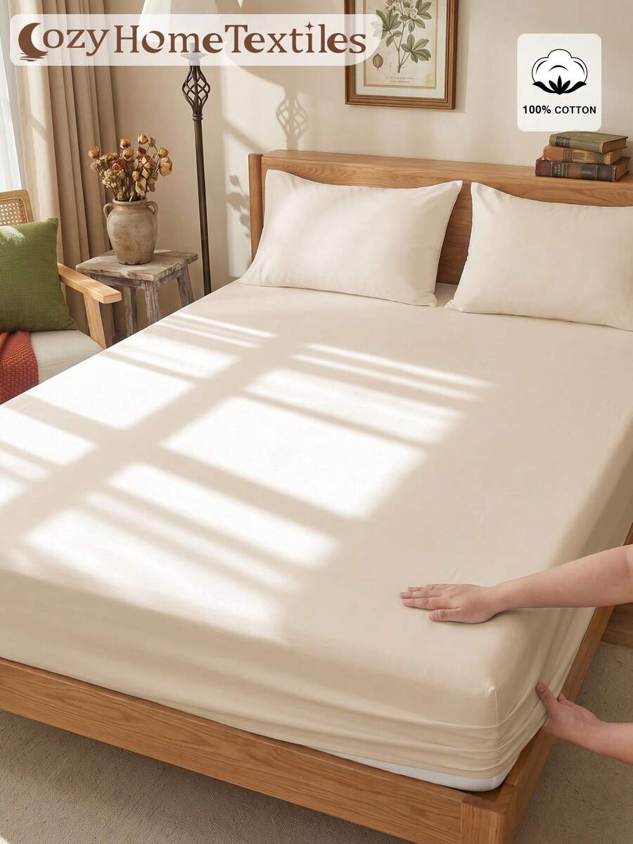 1pc 100% Pure Cotton Fitted Sheet, Solid Color Fitted Sheet, Soft & Comfortable, Breathable & Anti-Pilling, Suitable For Twin/Full/Queen/King All Mattress Sizes, Machine Washable, Room Decor, Beige