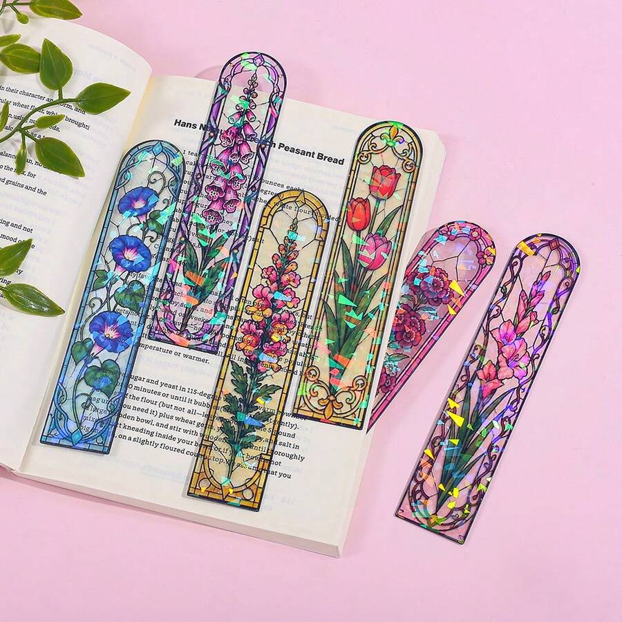 Bokmärke i akryl med blommotiv i glasmålningstil, holografisk laserskimrande design, vintage konstblomma, bokmärke för läsare, present