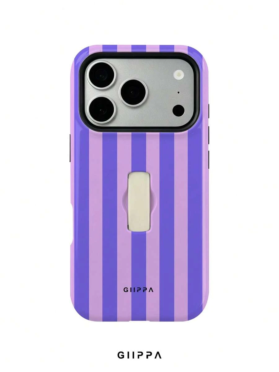 GIIPPA 1pc Purple Vertical Stripe Pattern Design, Phone 17 Pro Max Finger Strap Phone Case, Compatible With Phone 16 Pro Max, 15 Pro Max, 14 Pro Max, Korean Style High-End Fashion Fun Phone Case, Suitable For 11/12/13/14/15/16 Pro Max Plus, Elegant Design For Men And Women, Perfect Gift For Girlfriend On Christmas, Valentine's Day, Easter, Wedding Season And Birthday! - Purple - View 1