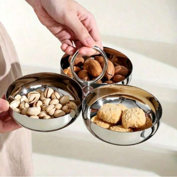 Stainless Steel 3-Compartment Divided Elegant Fruit & Snack Tray With Handle - Reusable, Rust-Proof, Easy To Clean | Suitable For Parties, Family Picnics, Office Snacks, Home Entertainment, Fashionable Design, Convenient Food Separation Stainless Steel 3-Tier Snack Tray With Handle - 3-Compartment Tray For Fruit, Nuts, Candy | Reusable, Easy To Clean, Rust-Proof | Suitable For Parties, Home, Picnics, Office Snacks, Tabletop Decor, Family Gatherings, Fashionable Design, Reusable, Multi-Compartment Design