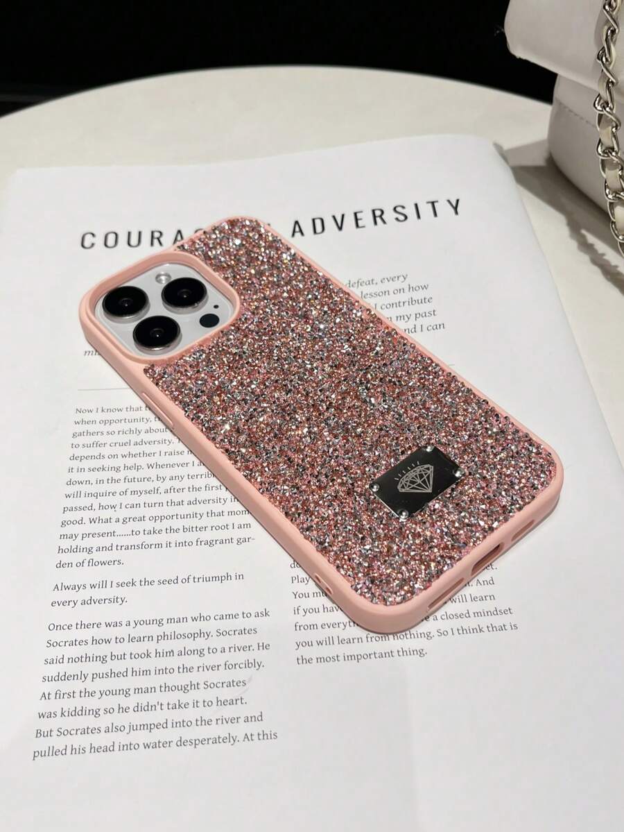 1pc Pink Skin-Feel Full Rhinestone Glitter Anti-Drop 2-In-1 Phone Case Compatible With 15promax/17promax/17ari/18pro/S25ultra - Pink - View 1